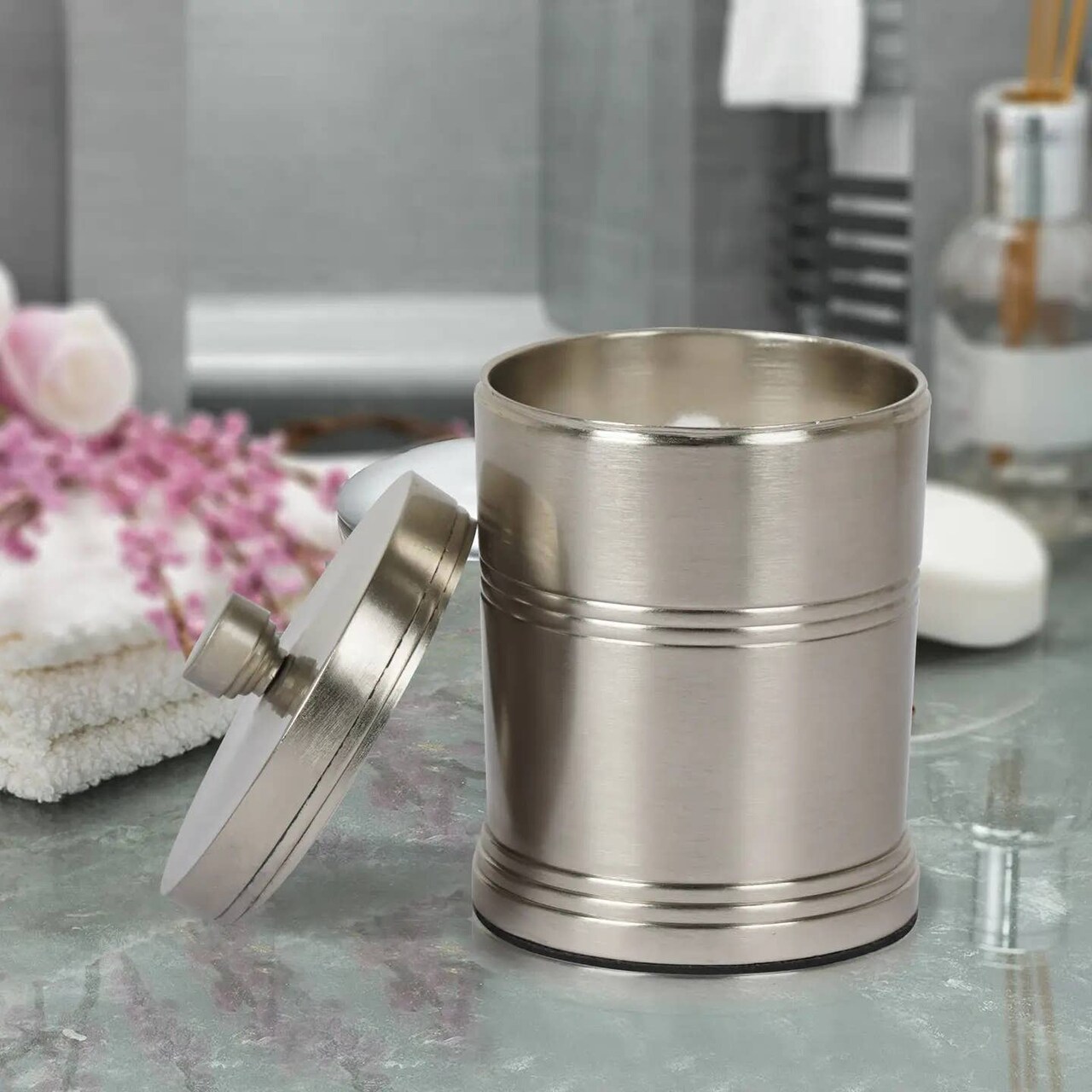 Stainless Steel Vanity Jar | Stylish Storage for Cotton Swabs,Sponges & Bath Salts | Decorative Canister for Bathroom,Bedroom | Brushed Pewter Finish
